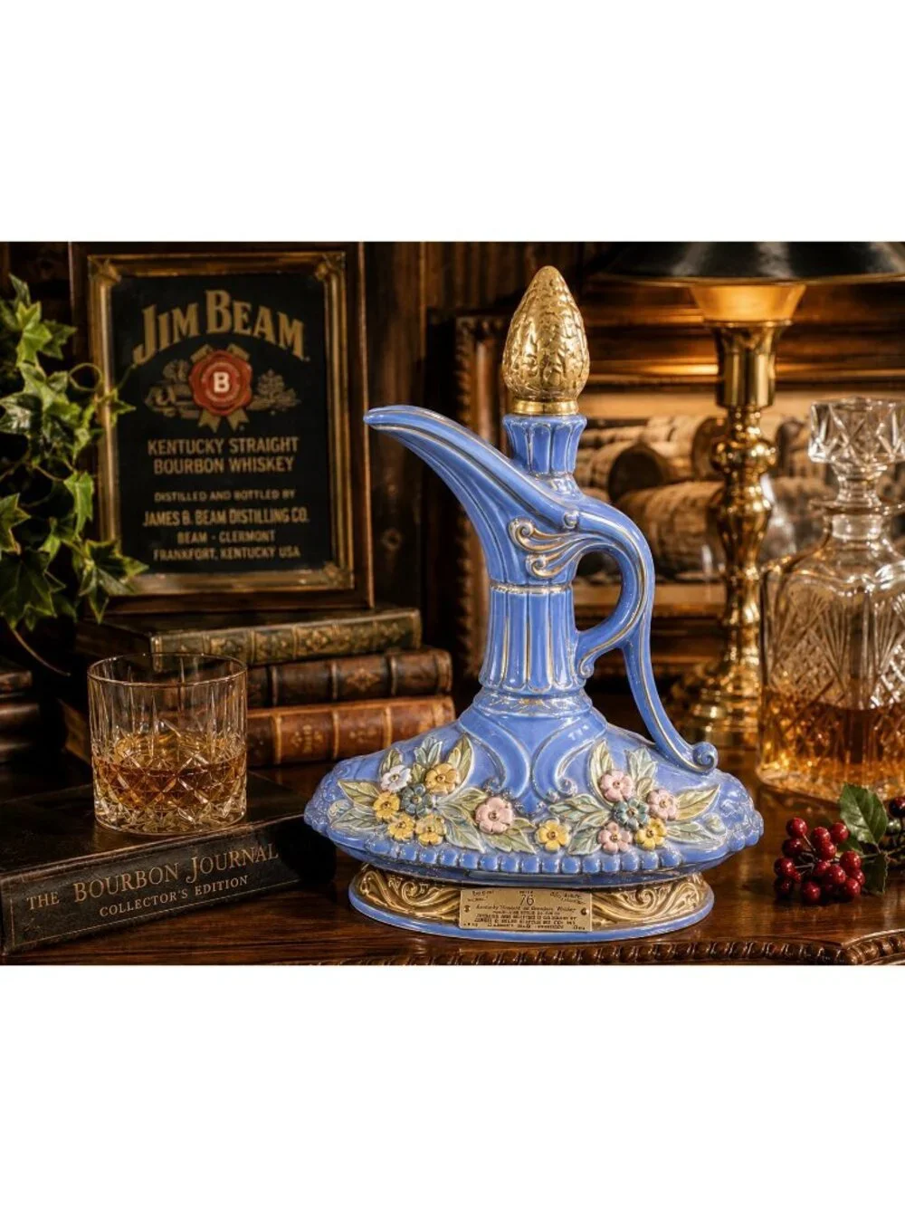 Vintage Empty Blue Gold Floral Ceramic Bottle Vanity Display Vase